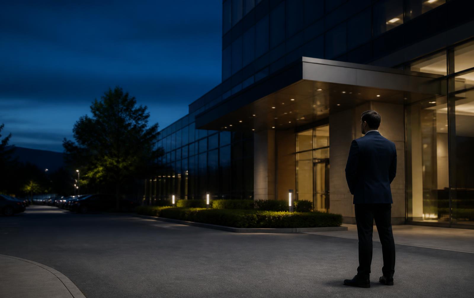 Commercial property entrance at dusk with a security professional on site